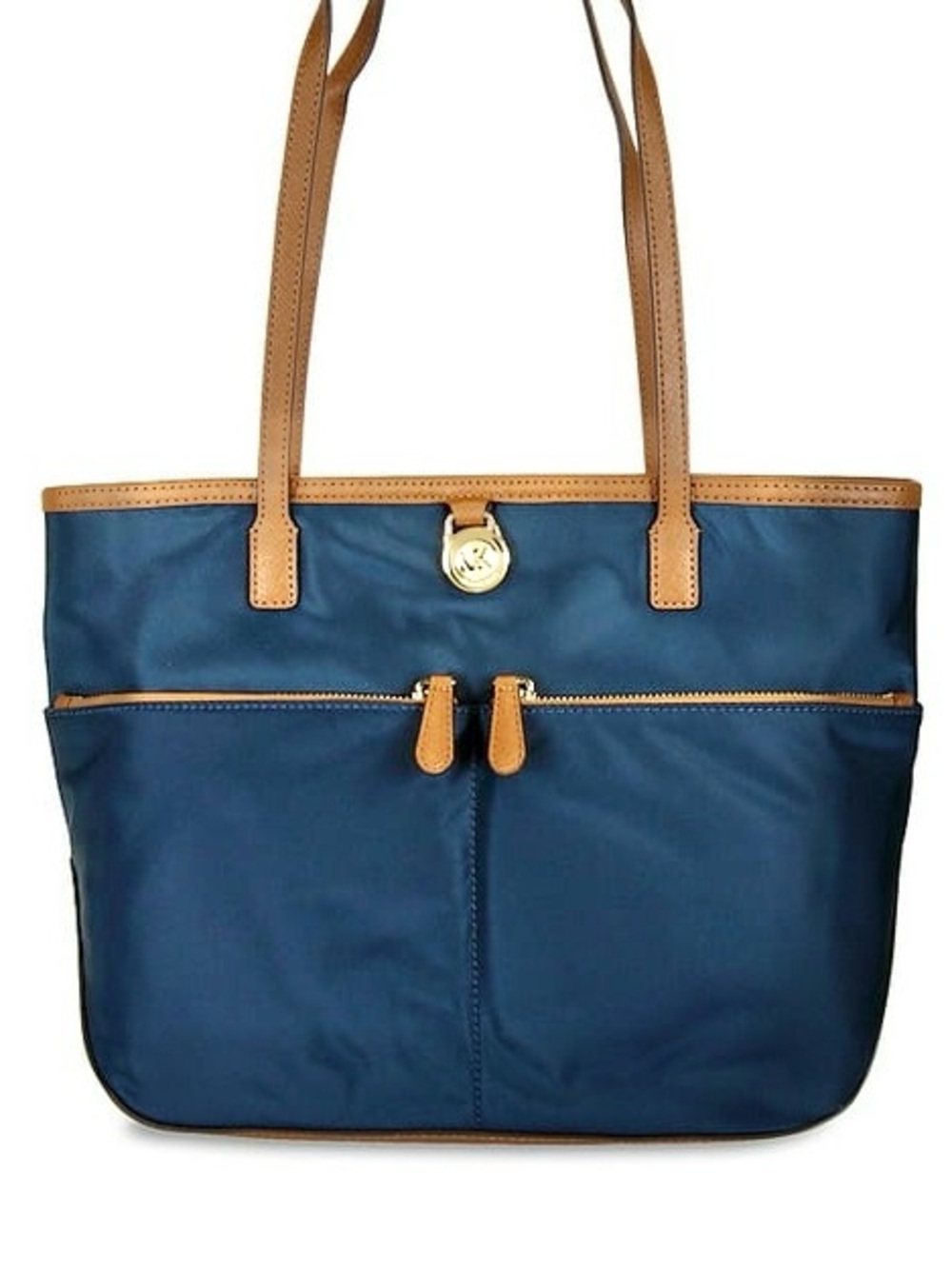 Michael Kors Navy Tote with Tan Leather Trim and Logo Charm